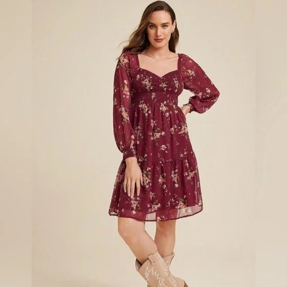 Maurices Size M Floral Arbor Smocked Berry Wine Long Puff Sleeve Dress Knee Leng - Picture 2 of 12